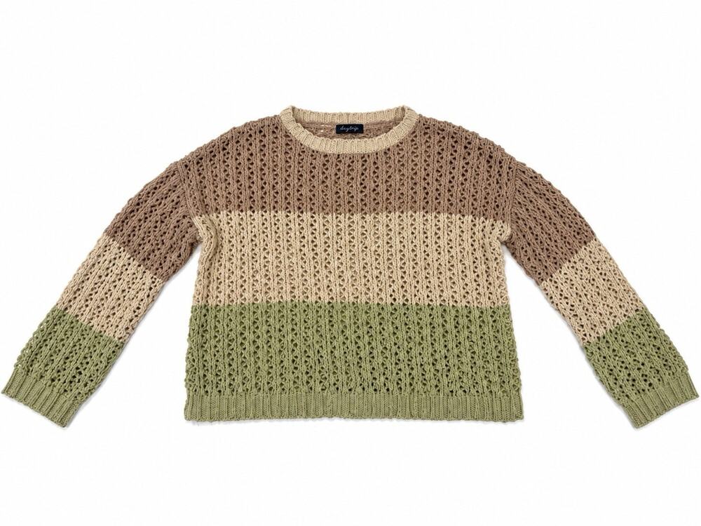 Nikkak Women’s Small Colorblock Open Knit Crochet Sweater Green Tan Cream